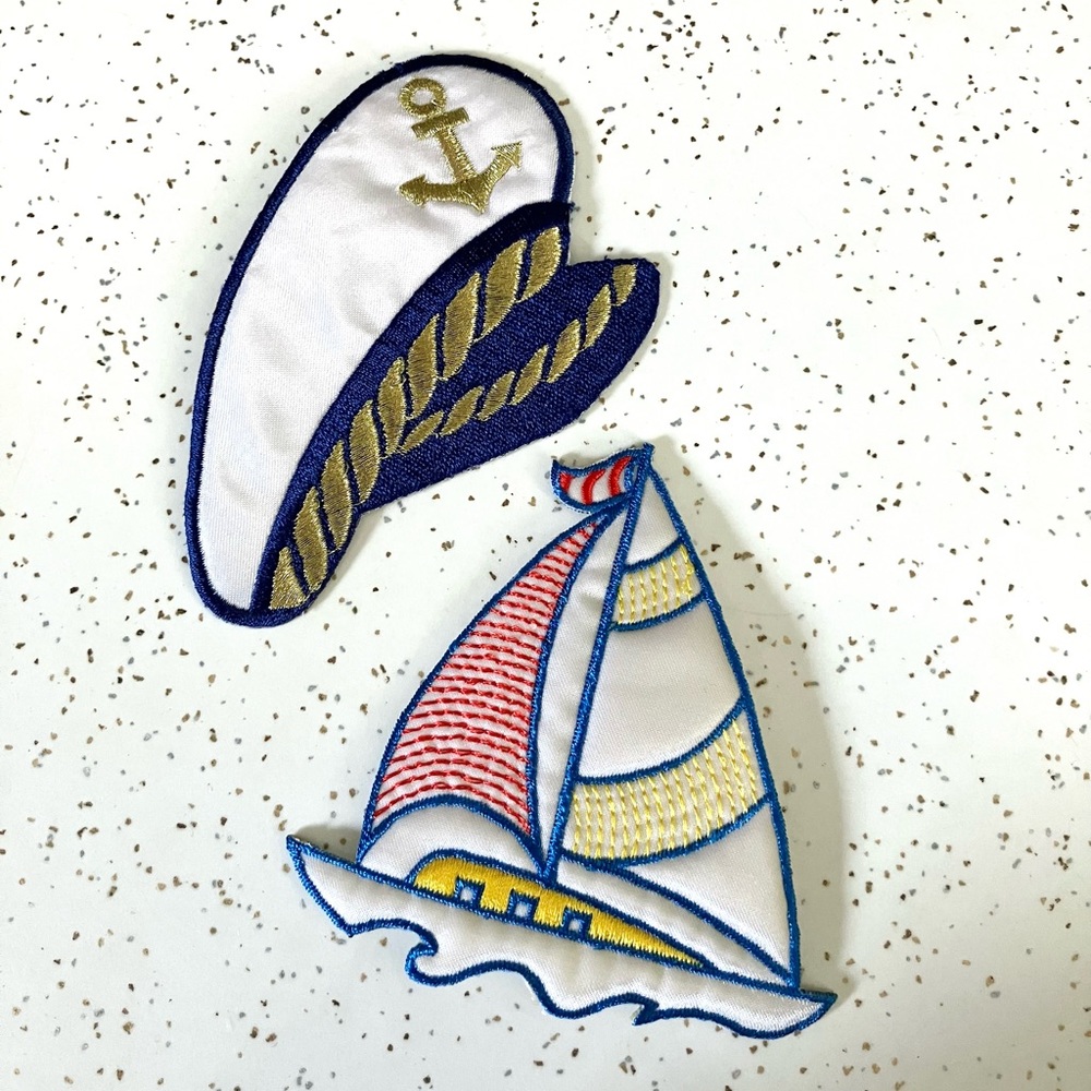 Vintage 70’s nautical captain’s hat & sailboat satin embroidered patches set